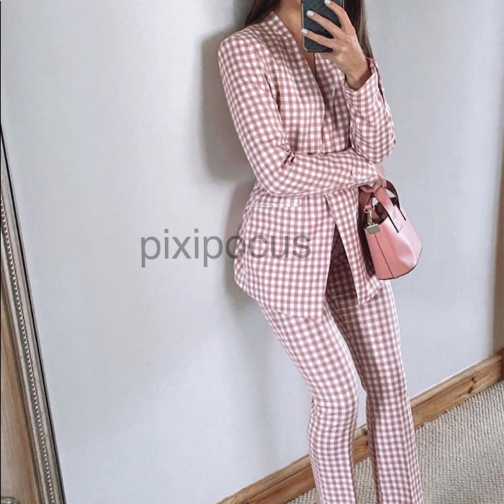 NWT Zara 2 Piece Gingham Belted Blazer + Pants SET - Picture 5 of 12